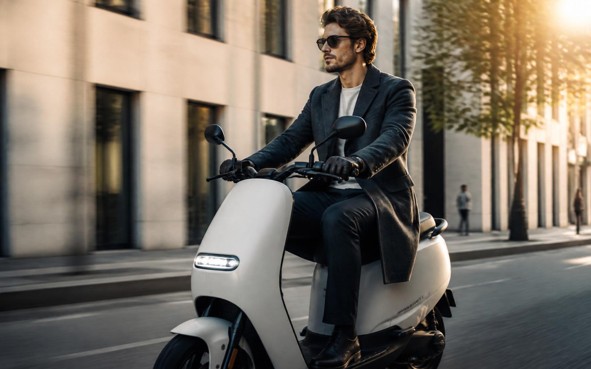 Young professional riding a premium electric scooter through a modern European city